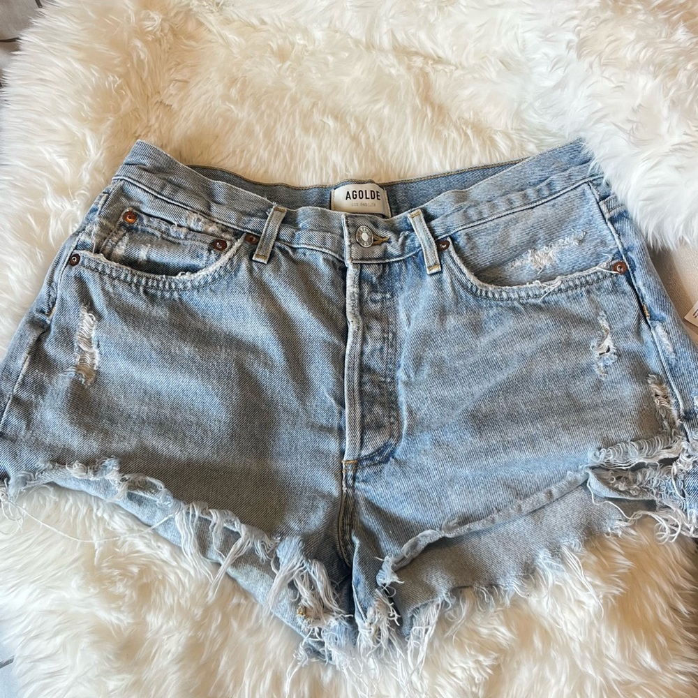 Agolde Blue Jean Shorts Distressed Mid-Length